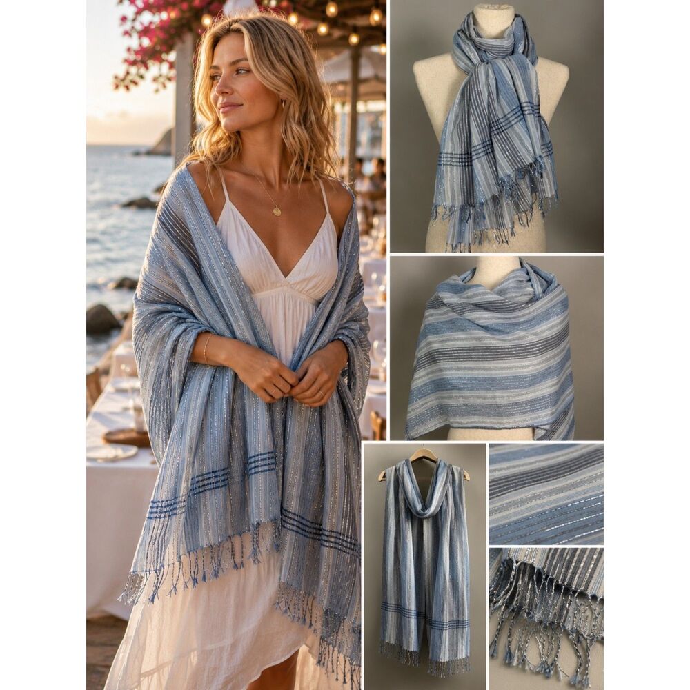 Blue Sheer Metallic Scarf Summer Wrap Fringe Shawl